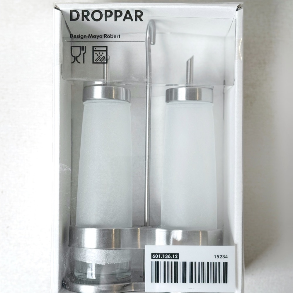 NWT IKEA Droppar Oil and Vinegar Dispenser Set with Silver Holder